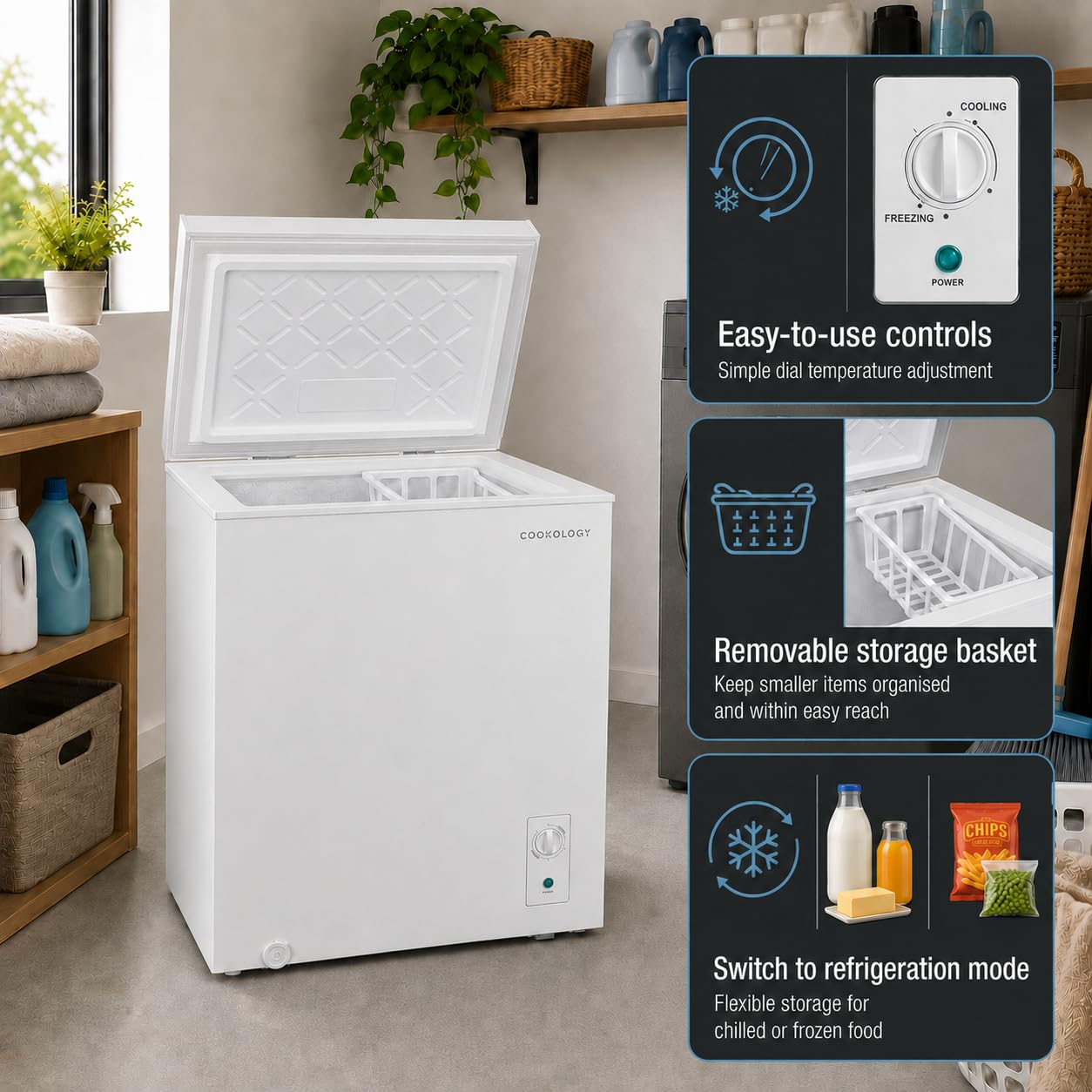 Cookology 99L Freestanding Chest Freezer - Suitable for Outbuildings & Garages - Adjustable Feet - Switchable Refrigeration Mode