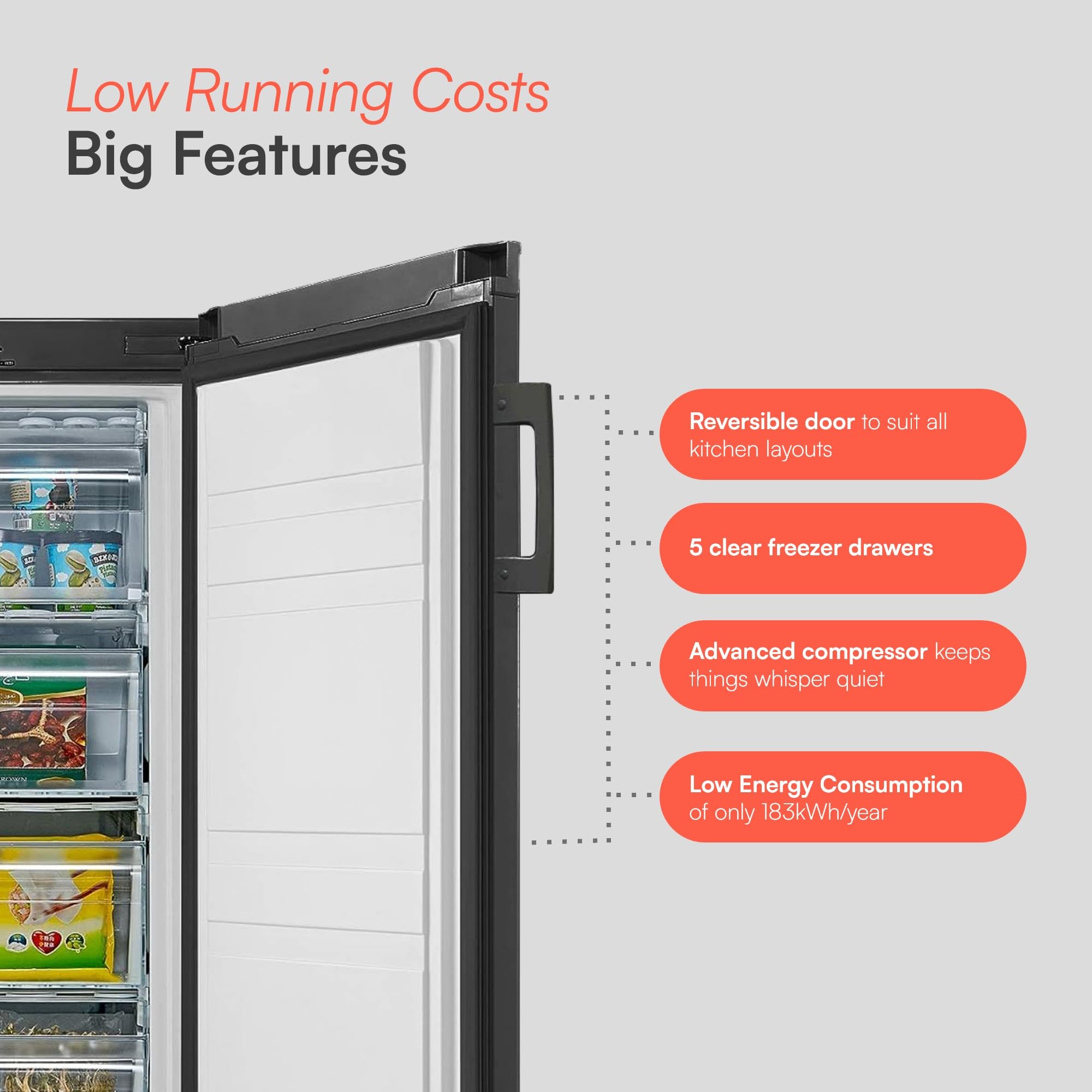 Cookology CTFZ160BK Tall Freestanding Freezer - Upright Freezer with 160 Litre Capacity - 142cm High and 55cm Wide
