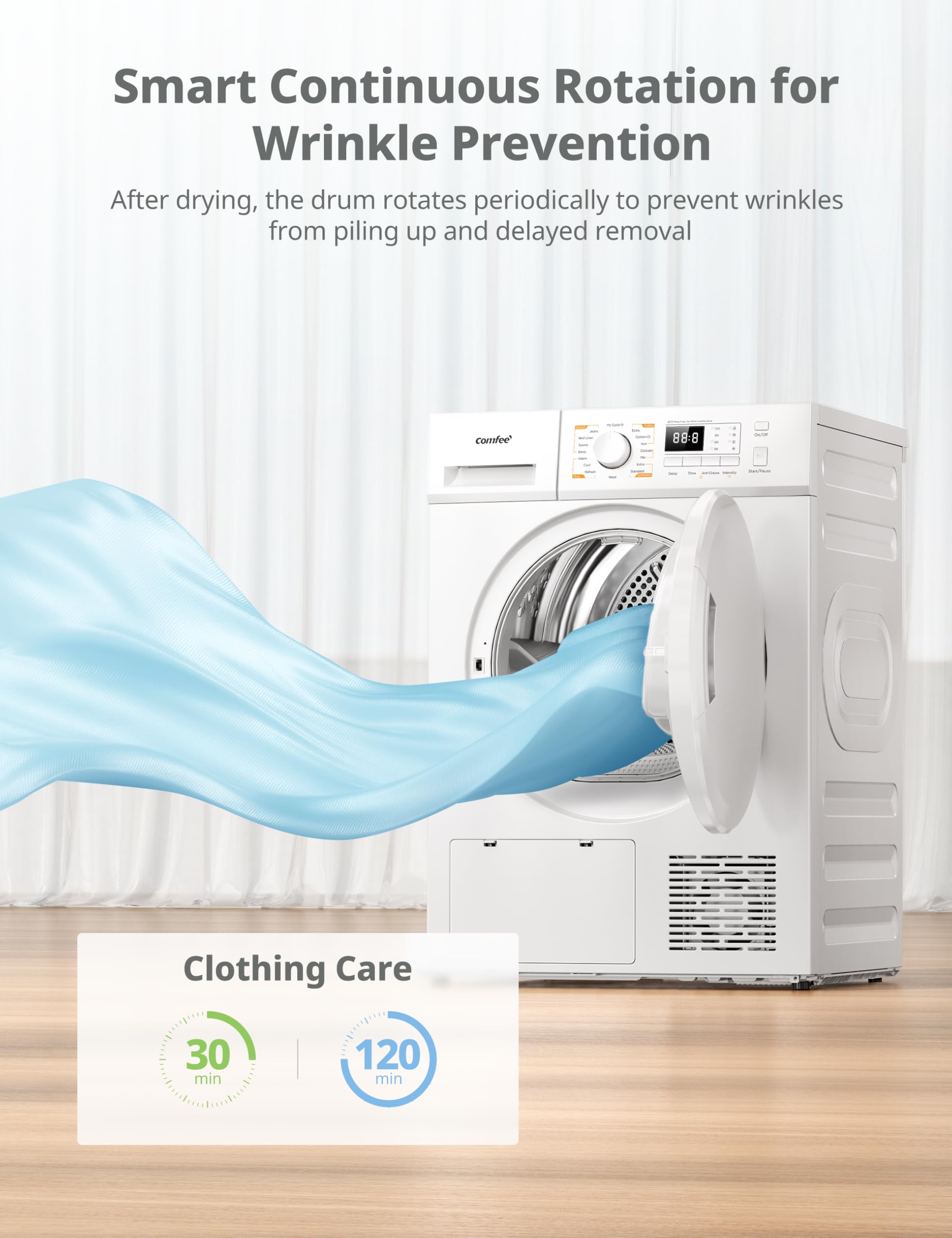 COMFEE' Freestanding Heat Pump Tumble Dryer,8kg Front Load, A+ Class, 16 Programmes, Auto-Dry,Anti-Crease,Refresh,White,CFG09EH80/W-UK