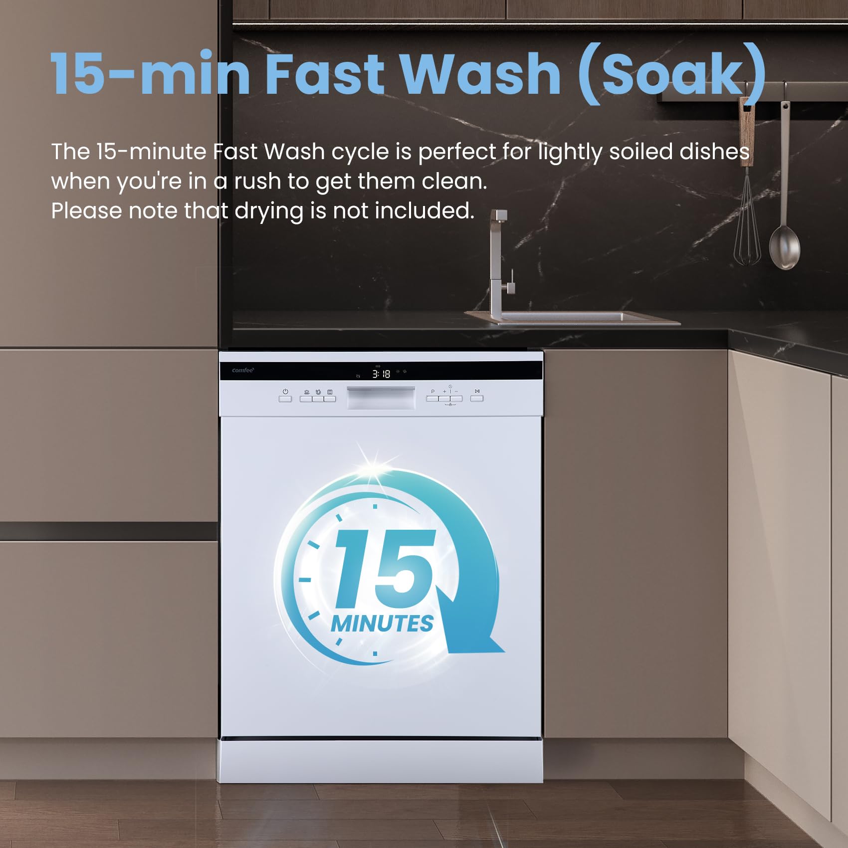 COMFEE' Freestanding Dishwasher with 14 Place Settings, 44dB Quiet Full Size Dishwashers, CDWEF1435EWC-UK, ECO Wash