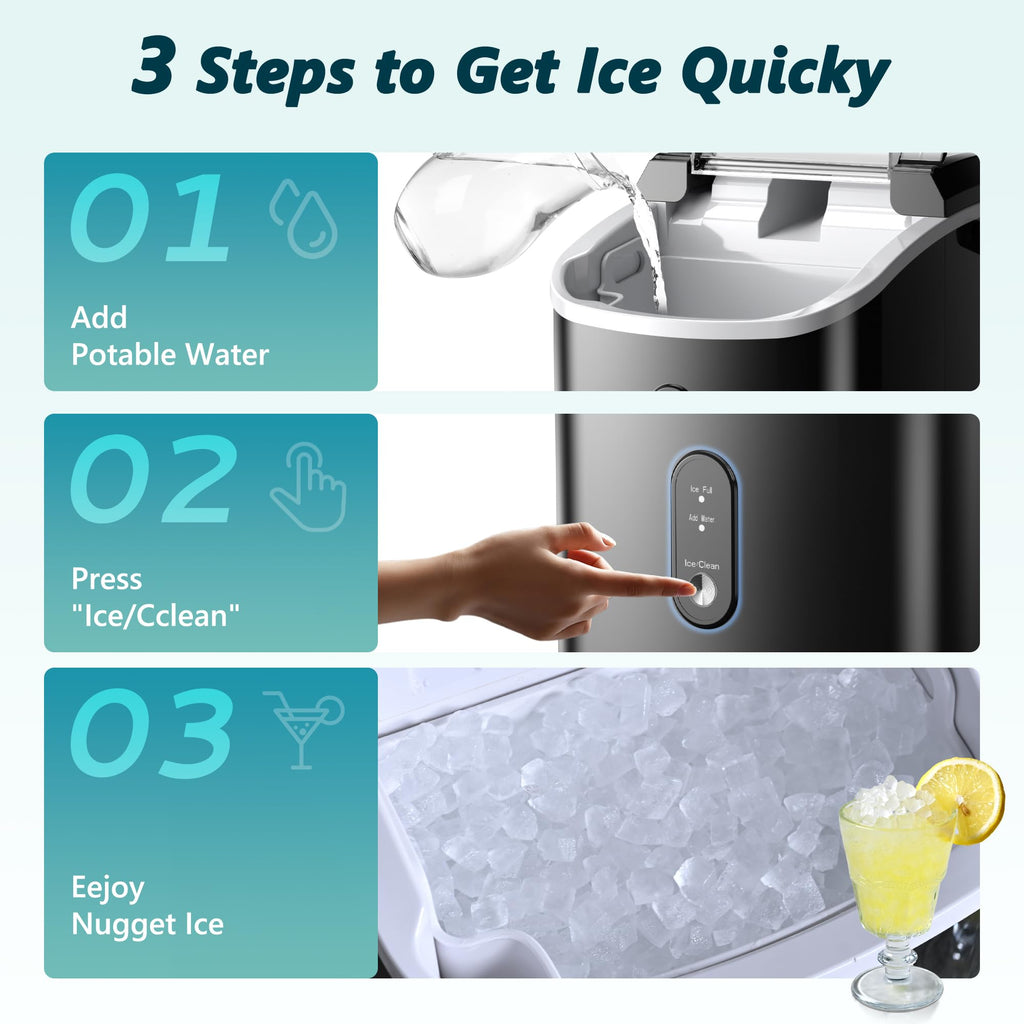 EUHOMY Nugget Ice Maker, Chewable Pellet Ice Machine with Self-Cleaning and Handle, Ready in 6 Mins, 15.5kg/24H, Removable Top Cover