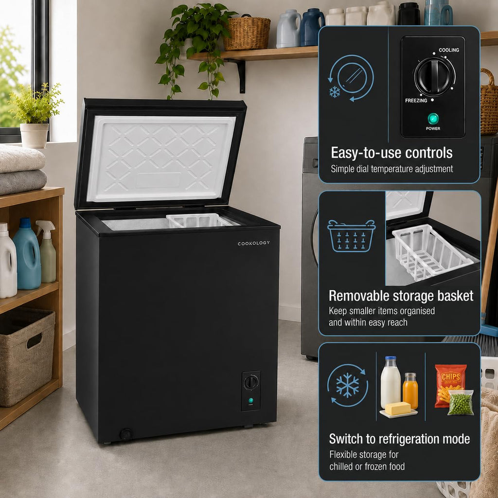 Cookology 99L Freestanding Chest Freezer - For Kitchens, Outbuildings & Garages - Adjustable Feet & Temperature Controls - 4 Star Freezer Rating - Black