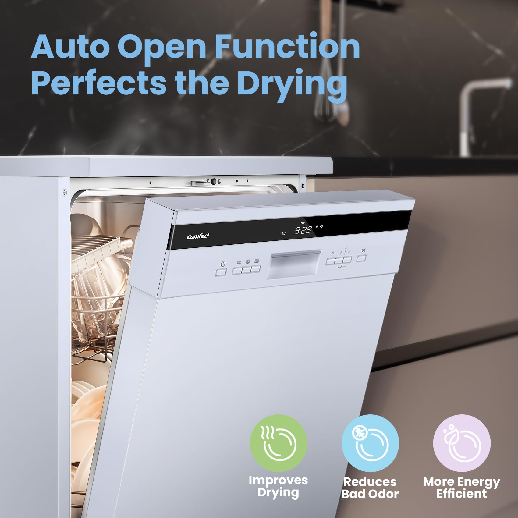 COMFEE' Freestanding Dishwasher with 14 Place Settings, 44dB Quiet Full Size Dishwashers, CDWEF1435EWC-UK, ECO Wash