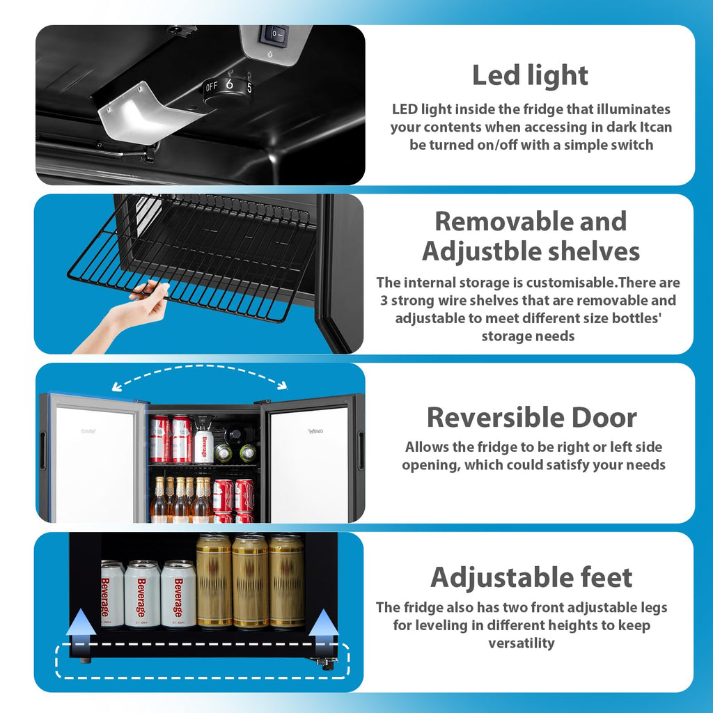 COMFEE' RCZ99BG2(E) Under Counter Beer & Drinks Fridge-93L Capacity,Holds up to 115 Cans, Premium Temperature Performance