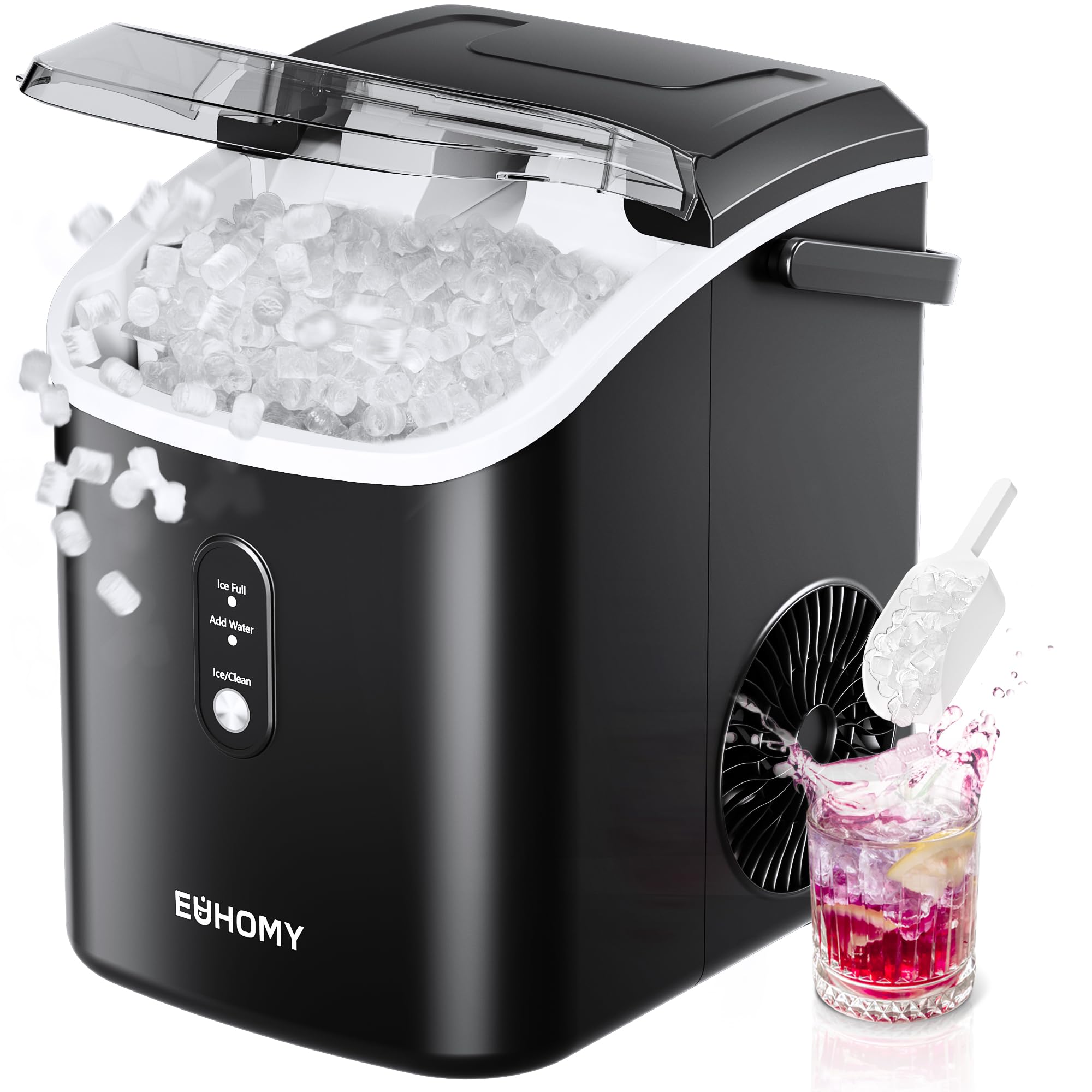 EUHOMY Nugget Ice Maker, Chewable Pellet Ice Machine with Self-Cleaning and Handle, Ready in 6 Mins, 15.5kg/24H, Removable Top Cover