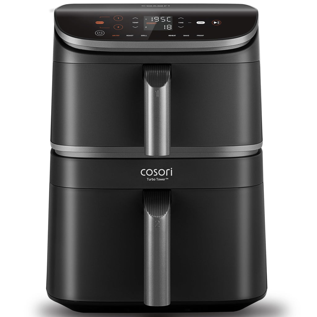 Cosori TurboTower Dual Air Fryer 10.8L, Space-Saving Double Stack Airfryer, Turbo Blaze Tech for Faster & Even Crisp Results