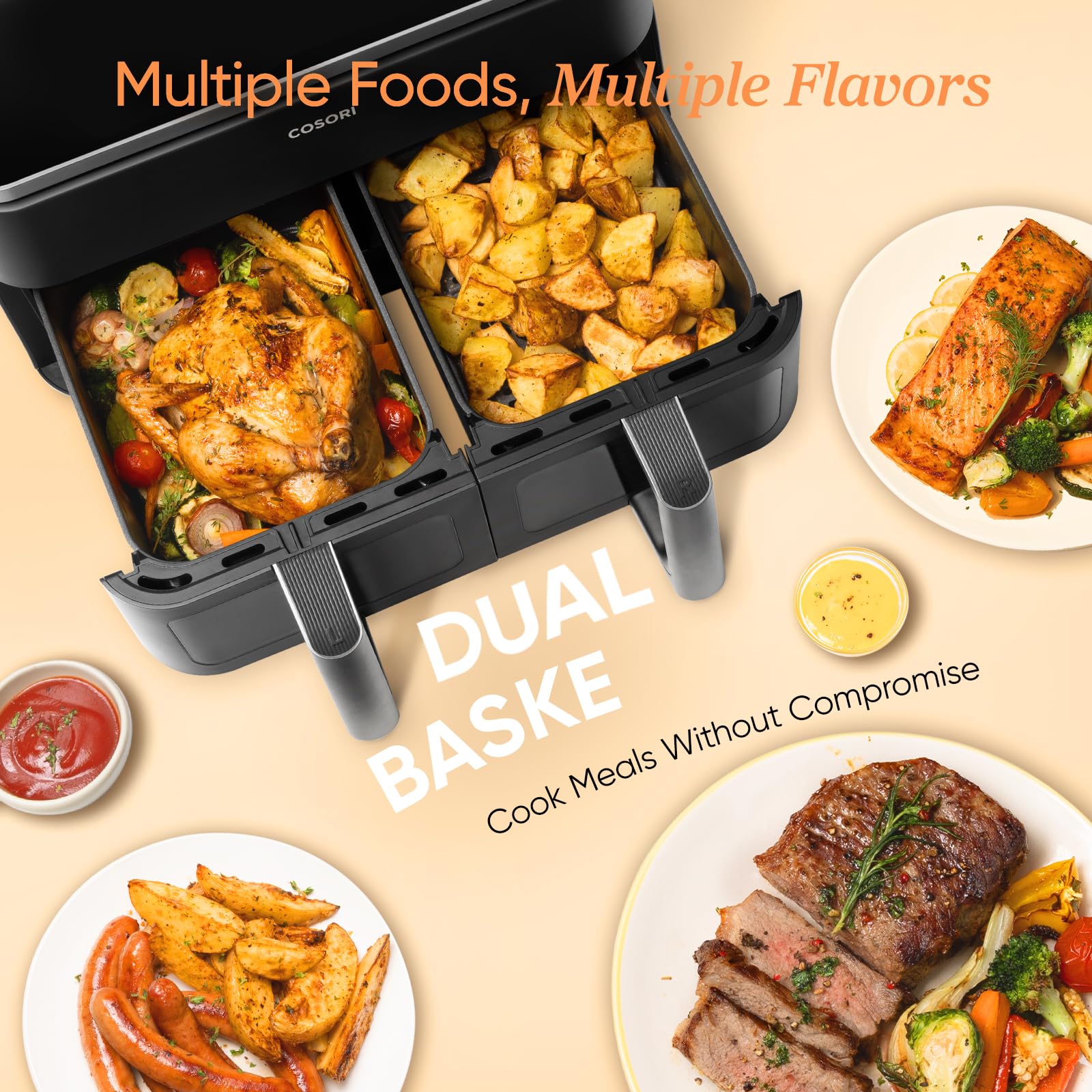 Cosori Dual Air Fryer, 8.5L Family Size, 8-In-1 Double Airfryer, Air Fry, Roast, Bake, Sync Cook & Finish, Fast and Energy Save