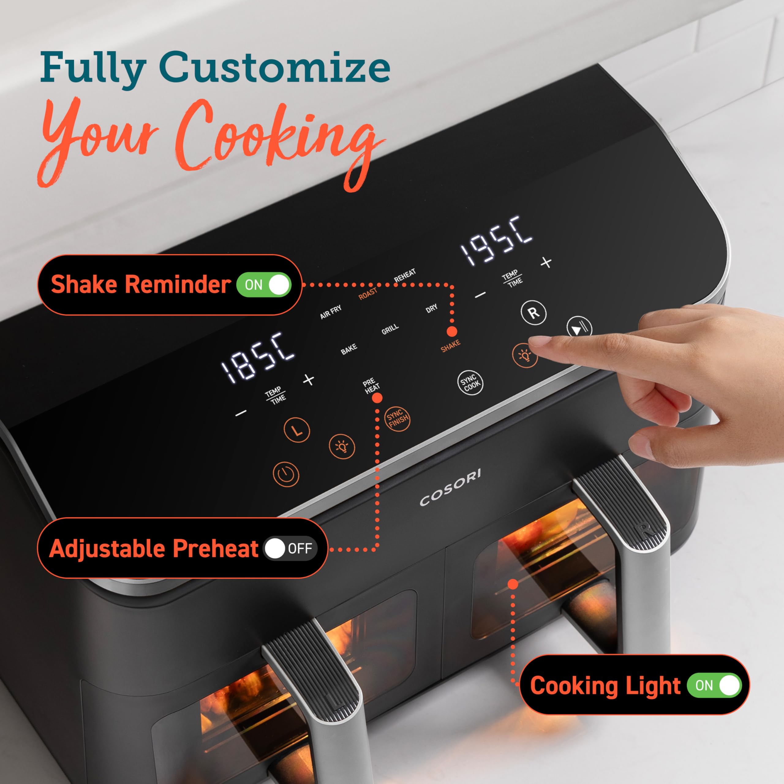Cosori Dual Air Fryer, 8.5L Family Size, 8-In-1 Double Airfryer, Air Fry, Roast, Bake, Sync Cook & Finish, Fast and Energy Save